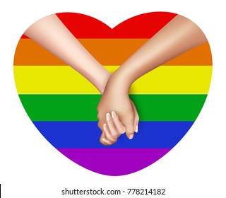 Realistic holding hands in lgbt rainbow flag colored heart frame isolated. Lesbian, gay couple love, homosexual pride movement. Valentines day holiday, symbol of togetherness. Vector illustration
