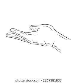 Realistic holding outstretched hand in black isolated on white background. Hand drawn vector sketch illustration in doodle vintage outline line art style. Poverty, help, support, charity