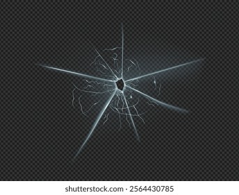 Realistic hole with cracks on screen, smashed or cracked window. Vector trace of bullet shattered glass with fractures. Crime and vandalism texture. Broken solid surface, gunshot effect