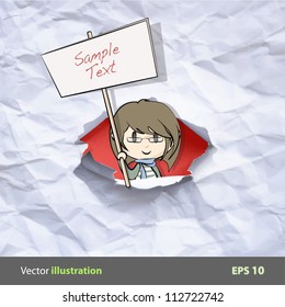 Realistic hole paper with girl holding empty cardboard for insert text. Vector background design.