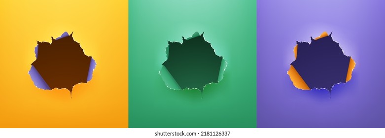 Realistic hole ripped paper in yellow, green, purple background vector