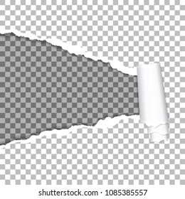 Realistic hole in sheet of paper with torn edges on transparent background. Vector illustration