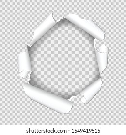 Realistic hole in sheet of paper with torn edges on transparent background. isolated vector illustration