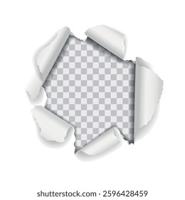 Realistic hole torn in white paper with curled rolled edges on transparent background
