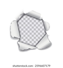 Realistic hole torn in white paper with curled rolled edges on transparent background