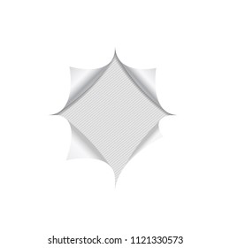 Realistic hole in white note paper on lined gray background.