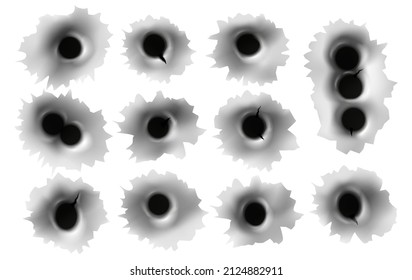 Realistic Holes Of Gun Bullets, Shots In Metallic Wall. Shoot Damage Effect. Fire Weapon Circle Cracks In Metal. Steel Bullethole Vector Set Of Metal Hole From Bullet Illustration