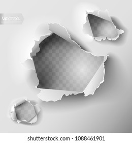 Realistic holes set in paper isolated on grey backgroun. Vector illustration.