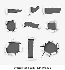 Realistic holes in white paper with damaged sides variety forms and sizes. Torn off white background with ripped edges vector illustrations set. Torn page banner template with copyspase for web design