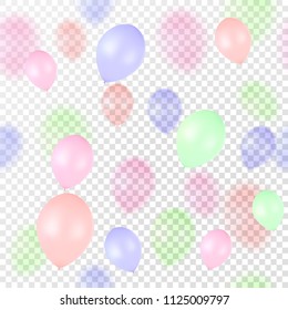 Realistic holiday background, flying colorful blur balloons isolated on a transparent background. Seamless pattern. Bokeh vector eps10