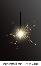 Realistic Holiday Bengal Light, with bright sparkle burning. Vector christmas diwali firework candle, celebration sparkler lights