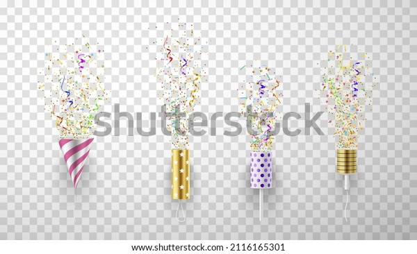Realistic holiday crackers collection vector
illustration. Festival party confetti serpentine ribbon
multicolored explosion celebrating isolated on transparent. Hat,
flapper on stick and hanging
rope