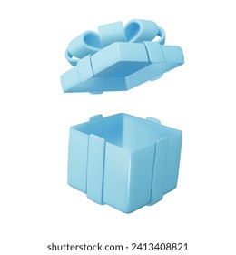 Realistic holiday design with blue open Gift box. 3d render object. Holiday banner, web poster, greeting card. vector illustration