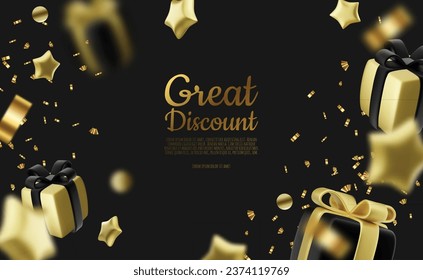 Realistic holiday design with Gift box around stars. Festive background with luxury gift box. 3d render object. Holiday banner, web poster, greeting card. vector illustration