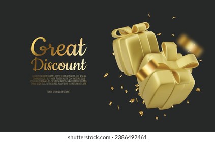 Realistic holiday design with Gift box around stars. Festive background with luxury gift box. 3d render object. Holiday banner, web poster, greeting card. vector illustration