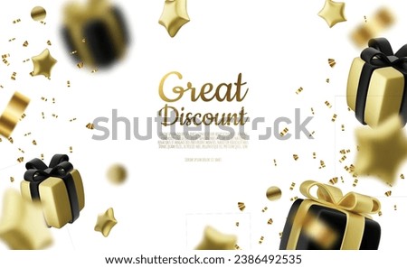 Realistic holiday design with Gift box around stars. Festive background with luxury gift box. 3d render object. Holiday banner, web poster, greeting card. vector illustration
