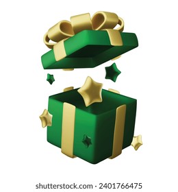 Realistic holiday design with open Gift box. 3d render object. Holiday banner, web poster, greeting card. vector illustration