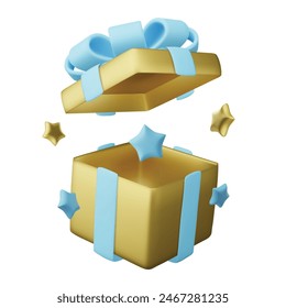 Realistic holiday design with open Gift box. 3d render object. Holiday banner, web poster, greeting card. vector illustration