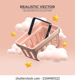 Diseño festivo realista de carrito de compras a color de moda alrededor de las nubes y las estrellas. Fondo festivo con cesta de compras de lujo. 3d objeto de representación. Cartel de vacaciones, afiche web. ilustración vectorial