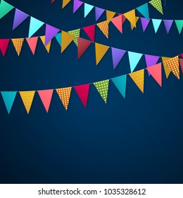 Realistic holiday garlands from triangle colorful flags hanging on string on dark background 3d vector illustration