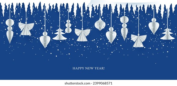 Realistic holiday paper cut banner with baubles, angels and snowflakes. Seasonal winter template for congratulations on Christmas, Boxing day, New Year