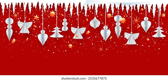 Realistic holiday paper cut red banner with baubles, angels and snowflakes. Seasonal winter template for congratulations on Christmas, Boxing day, New Year