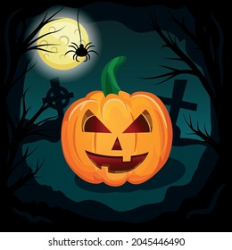 Realistic holiday pumpkins on halloween moon background - Vector illustration