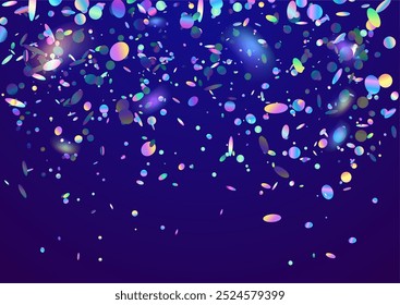 Realistic holographic confetti flying on blue background. Shiny rainbow gradient glitter circles flow. Vector iridescent streamers falling at party. Decoration for holiday festive overlay design