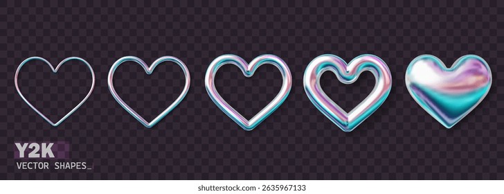 Realistic holographic heart set in y2k style. 3D metallic hearts in different styles and sizes. Shiny love symbols for romantic decorations, greeting cards, or wedding invitations.