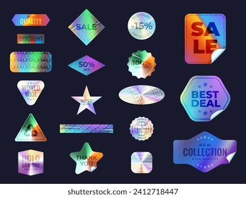 Realistic holographic labels. Iridescent sticker with quality badge or sale discount emblem, shiny holo silver label product tag stamp metal hologram, 3d decent vector illustration