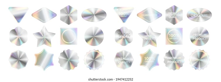 Realistic holographic stickers and official seals set. Labels with quality certificate and reliability signs for official products. Template vector illustration