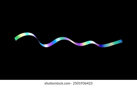 Realistic holographic wave ribbon icon. Rainbow shiny gradient narrow undulating tape. Serpentine, horizontal confetti. Vector illustration isolated on black. Decoration for holiday festive design