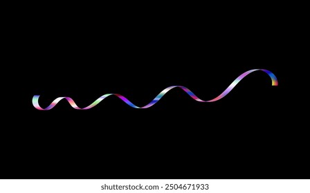 Icono realista de la cinta de la onda holográfica. Efecto de papel de aluminio colorido de cinta ondulante estrecha de gradiente brillante arco iris. Serpentina, confeti Horizontal. Decoración de Vector para el diseño festivo aislado en negro