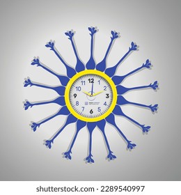 Realistic home décor clock. Wall round watches with time arrows and clock face with stylist back design clock