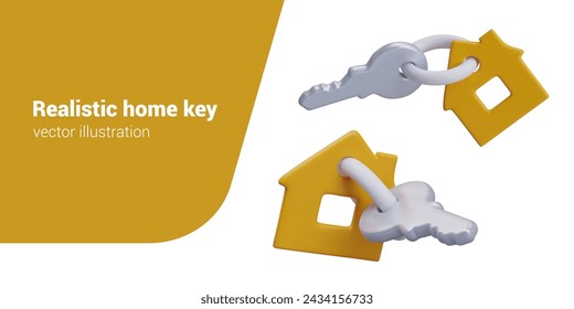 Realistic home key. Vector key with keychain in shape of residential building