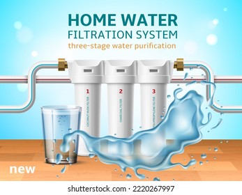 Realistic home water filtration system. 3d aqua clearing, several stages, cassettes with fillers, glass with splash, marketing promotional banner, 3d elements, utter vector concept