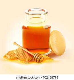 a realistic honey bee jar with honeycomb, a wooden dipper and a honey on the ground isolated on light cream background 