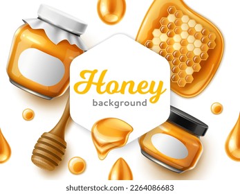 Realistic honey frame illustration. Sweet natural bee product, glass jars design packaging, wooden spoon, syrup drops and honeycomb, product label design or ad banner, utter vector concept