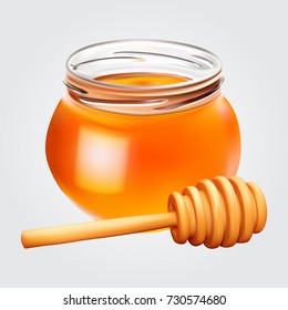 Realistic Honey Jar With Honey Dipper. Vector Icon.