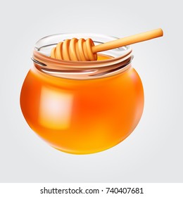 Realistic Honey Jar With Honey Dipper. Vector Icon.