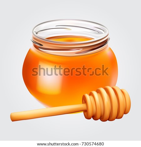 Realistic honey jar with honey dipper. Vector icon.
