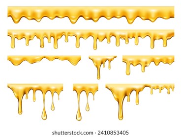 La miel o el aceite realistas caen en el arroyo, aislados goteando líquido de oro. Perros vectoriales y salpicaduras, flujo de suero o caramelo. Ingrediente orgánico para cocinar o uso cosmético. Derrame pegajoso o gel de fusión