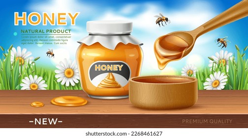 Realistic honey poster. Natural bee product, sweet floral syrup packed in glass jar, wooden spoon, healthy nutrition, organic food, 3d elements, web banner template, utter vector concept