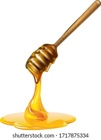 Realistic Honey Stick Dripping From Wooden Honey Dipper