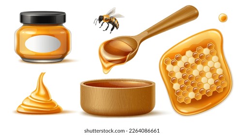 Realistic honey. Sweet healthy product, natural bio food, honeycomb, bee and jar with black label, wooden spoon, translucent floral syrup, 3d isolated objects, natural dessert, utter vector set