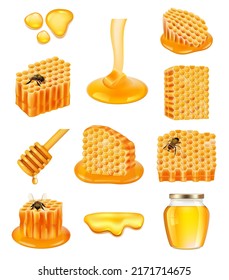 Realistic honeycomb. Bee wax cells with healthy sugar nutrients decent vector pictures collection