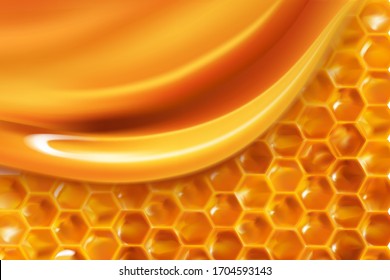 Realistic Honeycombs background. Bright color texture dripping honey , Drops of yellow syrup flow.liquid caramel . 3D hexagons for banner, advertising or wallpaper. vector illustration.