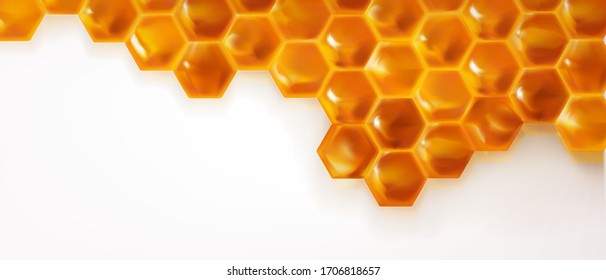 Realistic Honeycombs background. Bright color texture honey, 3D hexagons for banner, advertising or wallpaper. vector illustration.