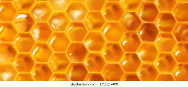 Realistic Honeycombs background. Bright color texture honey, 3D hexagons for banner, advertising or wallpaper. vector illustration.