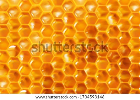 Realistic Honeycombs background. Bright color texture honey, 3D hexagons for banner, advertising or wallpaper. vector illustration.